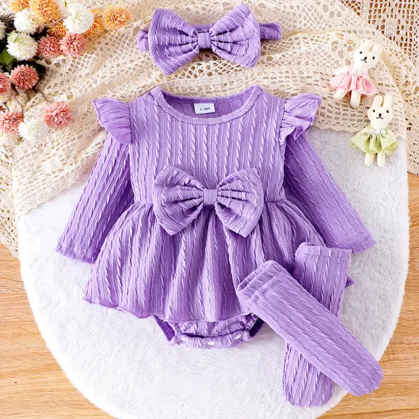 【0M-12M】3-piece Girls Cute Ruffled Bowknot Long Sleeve Romper With Headband And Socks Set Only $26.99 - Popopieshop.com 