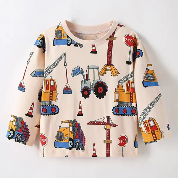 【18M-7Y】Boys Casual Excavator Bulldozer Print Long Sleeve T-shirt - Popopieshop.com 
