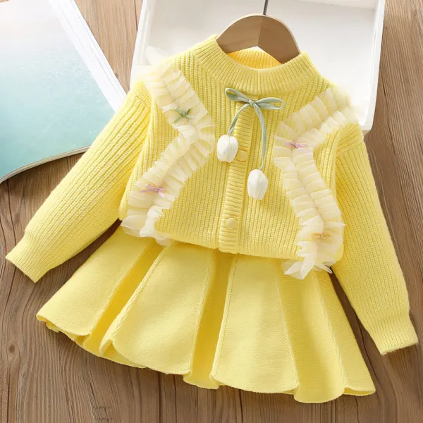 【18M-6Y】2-piece Girls Ruffle Applique Long Sleeve Sweater And Skirt Set - Popopieshop.com 