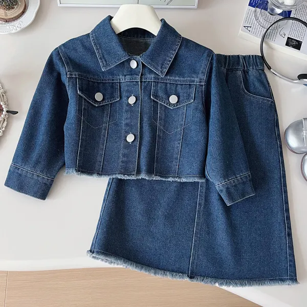 【18M-8Y】2-piece Girls Blue Denim Long Sleeve Jacket And Knee Length Skirt Set - Popopieshop.com 