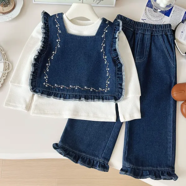 【18M-8Y】3-piece Girls Long Sleeve T-shirt And Floral Embroidered Denim Vest And Jeans Set - Popopieshop.com 
