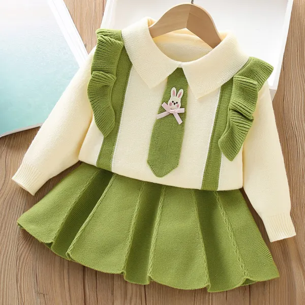 【18M-6Y】2-piece Girls Bunny Embroidered Ruffle Long Sleeve Sweater And Skirt Set - 34800 - Popopieshop.com 