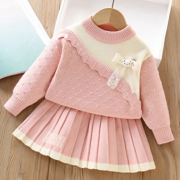 【18M-6Y】2-piece Girls Bow Bear Long Sleeve Sweater And Skirt Set - Popopieshop.com 