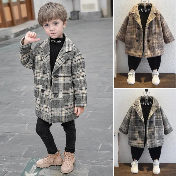 【18M-10Y】Boys Thick Plaid Double Breasted Tweed Coat - Popopieshop.com 