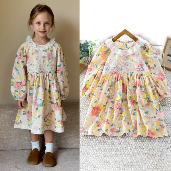 【2Y-8Y】Girls Sweet Fashion Floral Print Lace Lapel Yellow Dress - Popopieshop.com 