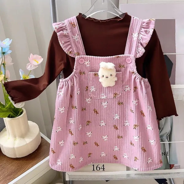 【18M-8Y】2-piece Girls Cute Puppy Print Pink Corduroy Dress And Brown T-shirt Set - Popopieshop.com 