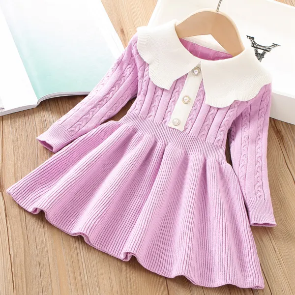 【12M-5Y】Girls Sweet And Stylish Lapel Sweater Dress - Popopieshop.com 