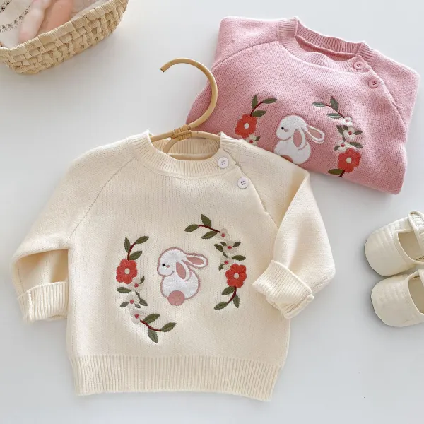 【12M-5Y】Girls Cute Flower And Bunny Embroidered Sweater - Popopieshop.com 