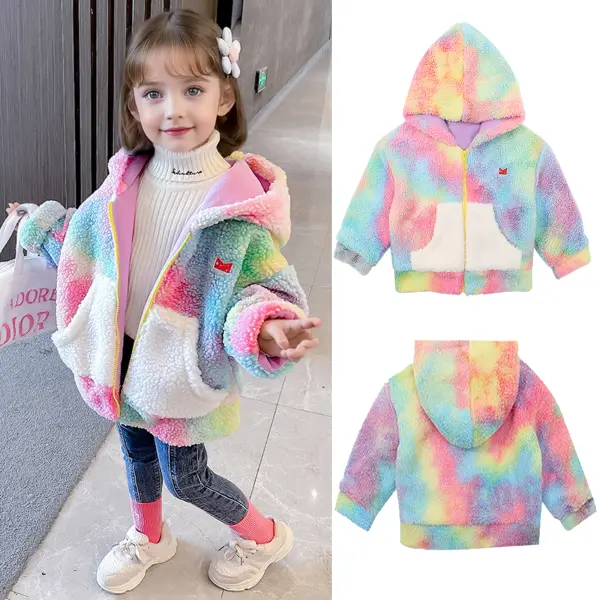 【12M-10Y】Girl Fashion Tie-dyed Lamb Fleece Keep Warm Hooded Coat - 31194 - Popopieshop.com 