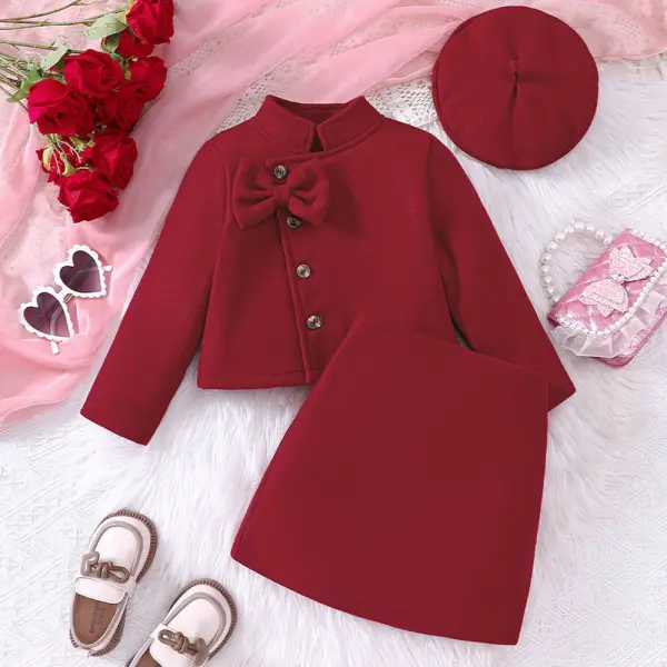 【2Y-7Y】3-piece Girls Fashion Burgundy Bowknot Stand Collar Long Sleeve Coat And Skirt Set With Hat -  34799 - Popopieshop.com 