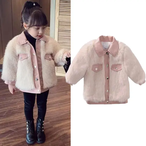 【12M-6Y】Girls Fashion Faux Fur Spliced ​​Lapel Keep Warm Coat - Popopieshop.com 