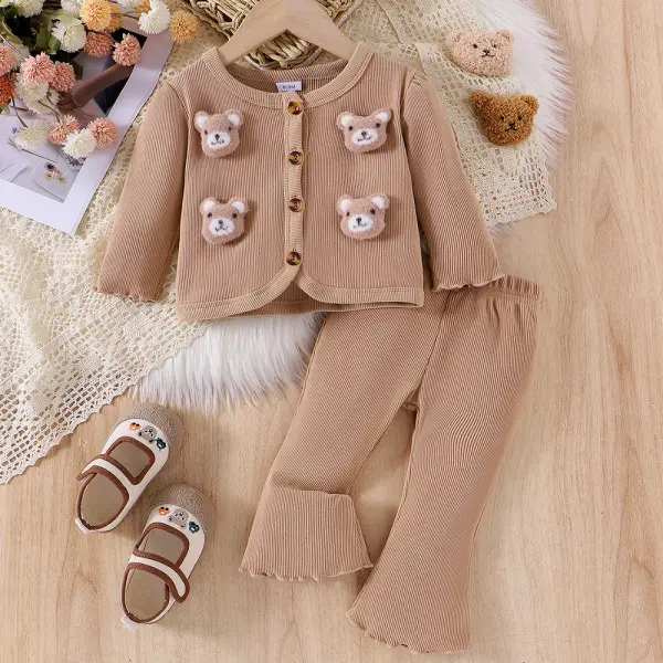 【6M-3Y】2-piece Baby Girl Cute Bear Long Sleeve Top And Pants Set - Popopieshop.com 