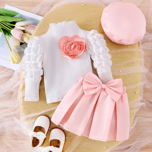 【6M-3Y】3-piece Baby Girl Fashion Puff-sleeved Floral Turtleneck Top And Bowknot Pleated Skirt Set With Hat - Popopieshop.com 