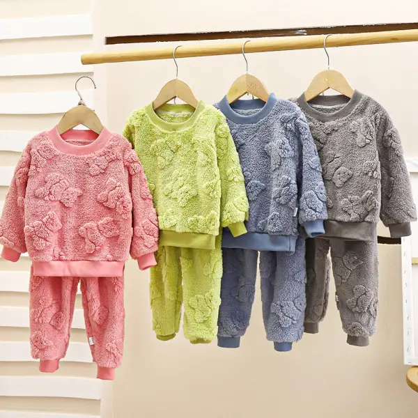 【18M-10Y】2-piece Unisex Cute Flannel Cartoon Jacquard Keep Warm Round Neck Pajamas Set - Popopieshop.com 