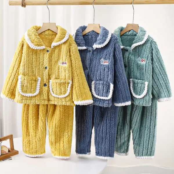 【12M-12Y】2-piece Unisex Casual Flannel Keep Warm Lapel Long Sleeve Pajamas Set - Popopieshop.com 