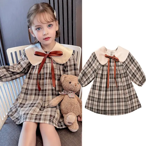 【18M-6Y】Girls Sweet Preppy Style Plaid Doll Collar Long Sleeve Dress - 33507 - Popopieshop.com 
