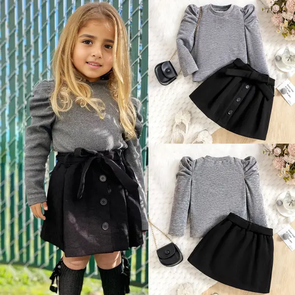 【12M-5Y】2-piece Girls Sweet Gray Puff Sleeve T-shirt And Black Skirt Suit - Popopieshop.com 