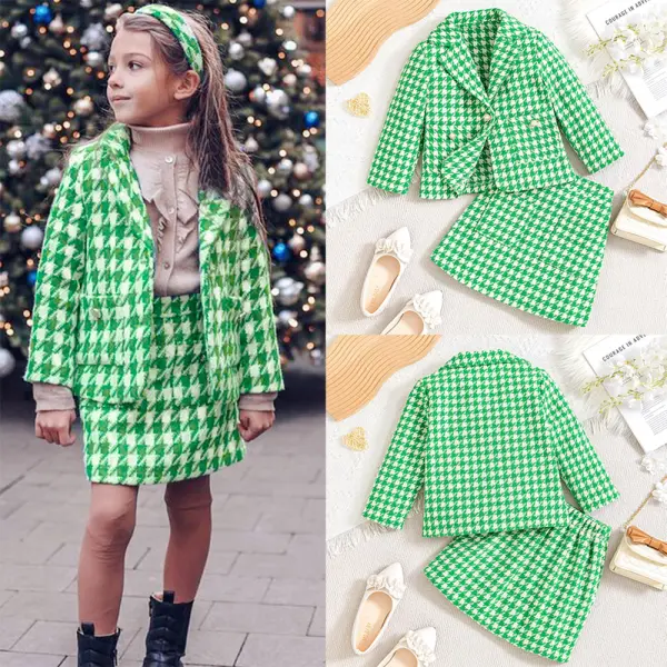 【3Y-7Y】2-piece Girls Fashion Green Houndstooth Tweed Keep Warm Lapel Coat And Skirt Set - Popopieshop.com 