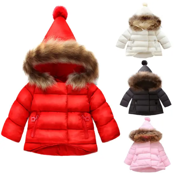 【12M-6Y】Girl Fashion Quilted Keep Warm Large Fur Collar Hooded Cotton Coat - Popopieshop.com 