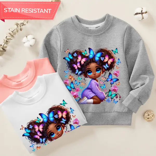 【12M-9Y】Girl Cotton Stain Resistant Butterfly Girl Print Long Sleeve Sweatshirt - Popopieshop.com 