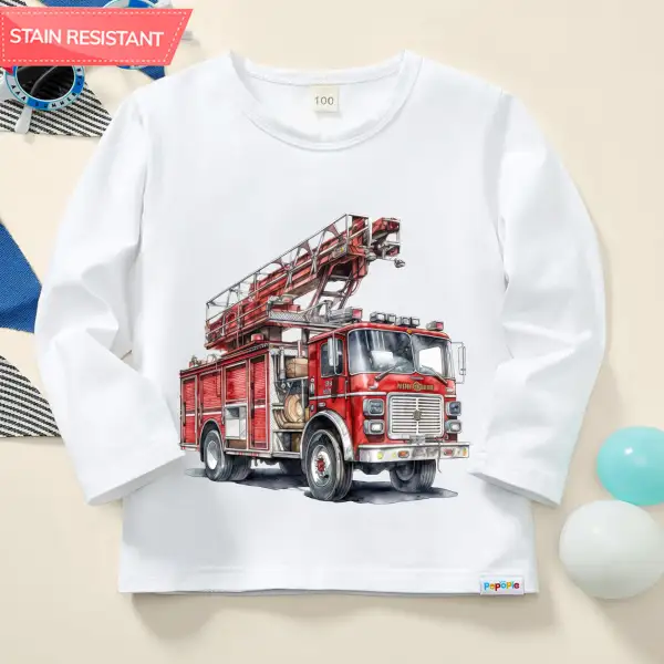 【12M-9Y】Boy Fire Truck Print Cotton Stain Resistant Long Sleeve T-shirt - Popopieshop.com 