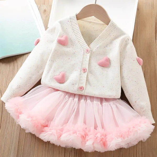 【18M-6Y】2-piece Girls Heart Applique Sweater Cardigan And Tutu Skirt Set - Popopieshop.com 