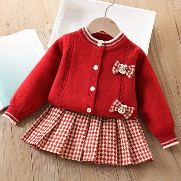 【18M-6Y】2-piece Girls Bunny Bow Sweater Cardigan And Houndstooth Skirt Set - Popopieshop.com 