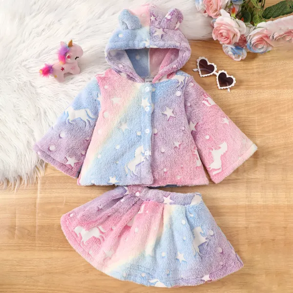 【6M-3Y】2-piece Baby Girl Flannel Gradient Unicorn Pattern Hooded Jacket And Skirt Set - Popopieshop.com 