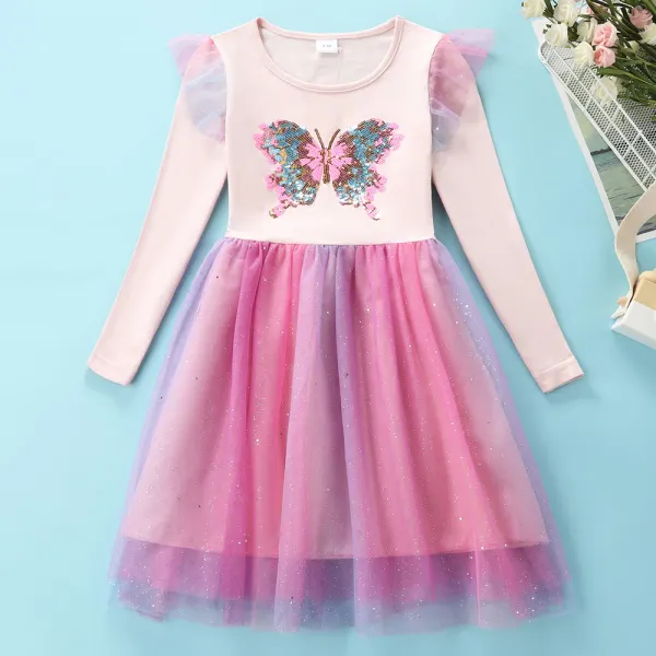 【3Y-8Y】Girls Pink Sequin Butterfly Embroidered Mesh Long Sleeve Dress - Popopieshop.com 