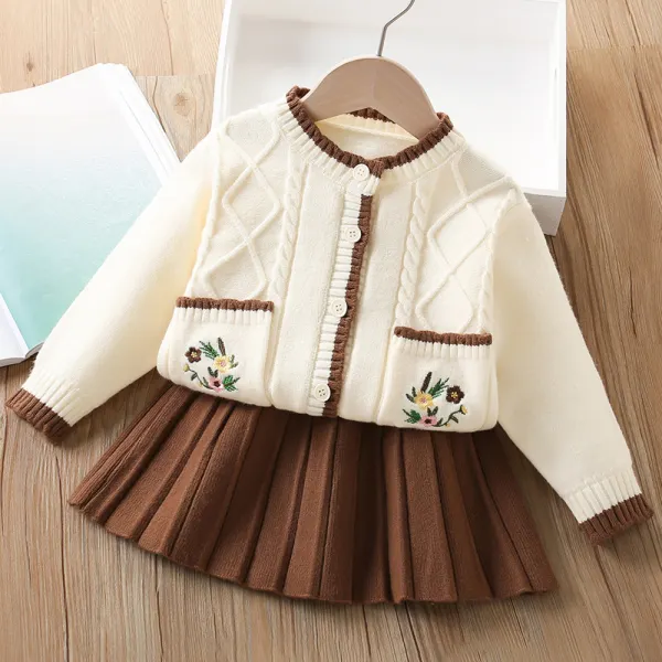 【18M-6Y】2-piece Girls Floral Embroidered Sweater Cardigan And Skirt Set - Popopieshop.com 