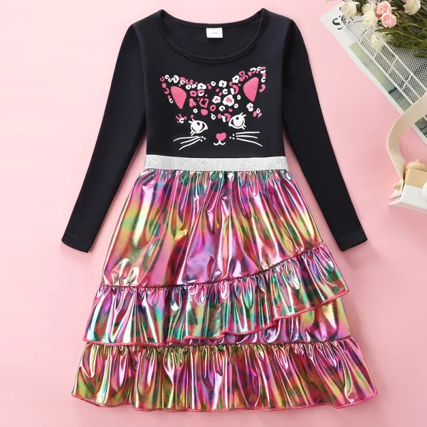 【3Y-8Y】Girls Black Cat Print Ruffle Long Sleeve Dress - Popopieshop.com 