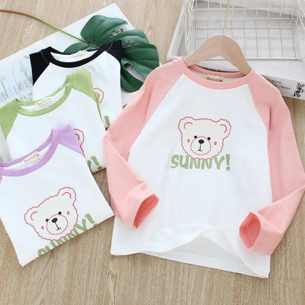 【18M-8Y】Girls Bear Print Round Neck Long Sleeve T-shirt - Popopieshop.com 