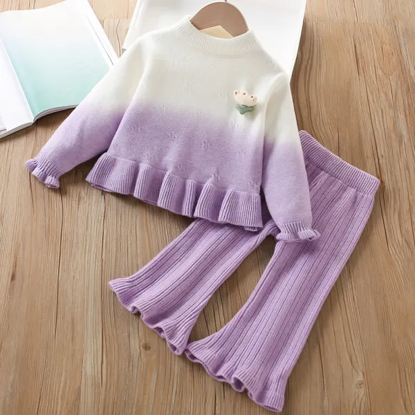 【18M-6Y】2-piece Girls Gradient Floral Applique Long Sleeve Sweater And Pants Set - Popopieshop.com 