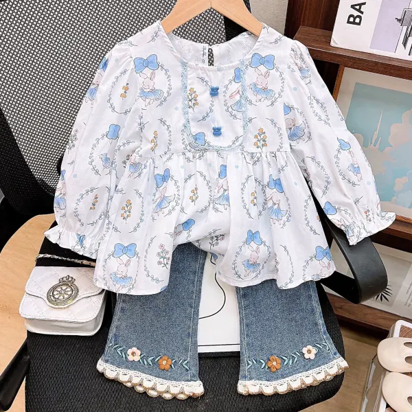 【2Y-8Y】2-piece Girls Bow And Bunny Print White Blouse And Blue Jeans Set - Popopieshop.com 