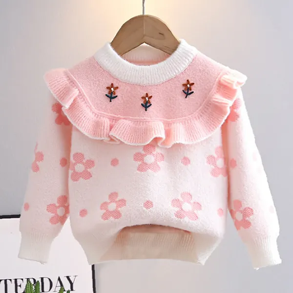 【18M-6Y】Girls Sweet Fashion Floral Embroidery Ruffle Design Sweater - Popopieshop.com 