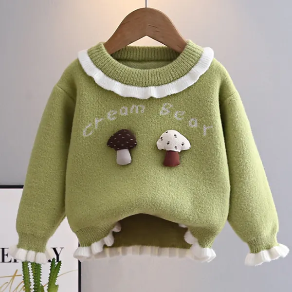 【18M-6Y】Girls Sweet And Stylish Lettered Jacquard Ruffled Round Neck Sweater - Popopieshop.com 