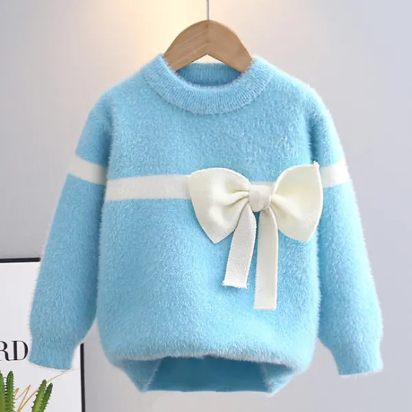 【18M-6Y】Girls Sweet And Stylish Striped Jacquard And Bow Design Crew Neck Sweater - Popopieshop.com 