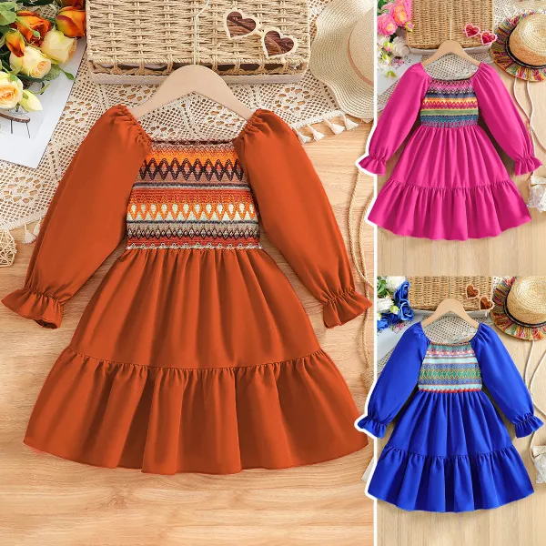 【3Y-7Y】Girls Stylish Boho Embroidered Long Sleeve Dress - Popopieshop.com 