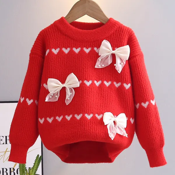 【3Y-10Y】Girls Sweet Fashion Heart Shape Jacquard Bow Round Neck Sweater - Popopieshop.com 