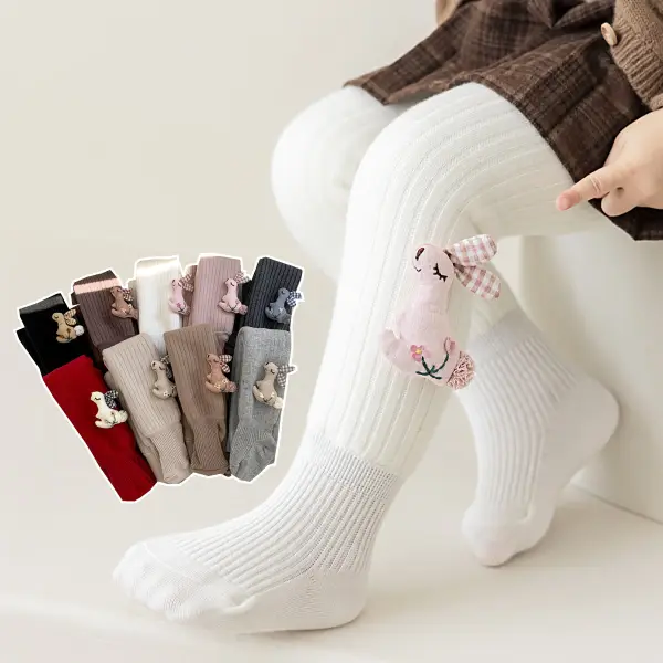 【6M-6Y】Girls Sweet Floral Bunny Embroidery Thickened Scrunchy Pantyhose - Popopieshop.com 