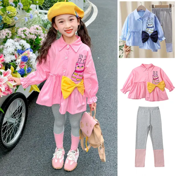 【2Y-8Y】2-piece Girls Cute Cat Print Bow Blouse And Leggings Set - Popopieshop.com 