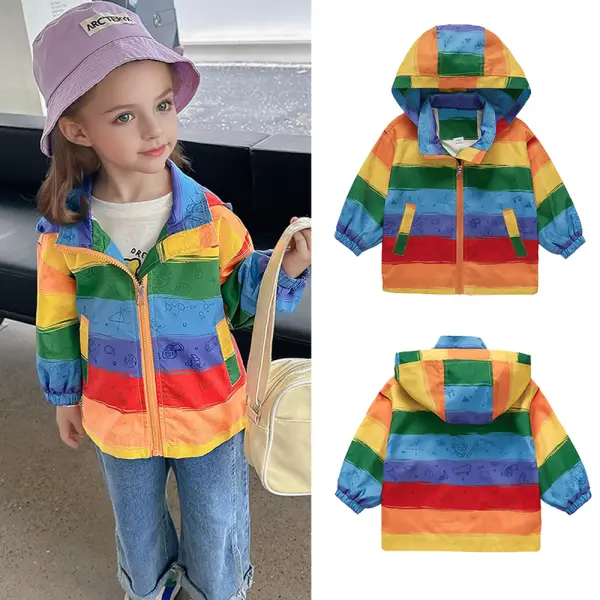 【18M-8Y】Girls Sweet Cartoon Rainbow Stripe Print Hooded Jacket - Popopieshop.com 