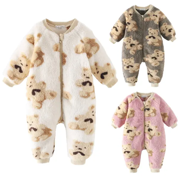 【3M-3Y】Baby Girl Cute Bear Flannel Keep Warm Long-sleeved Jumpsuit - Popopieshop.com 