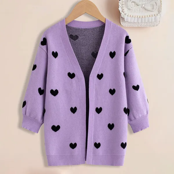 【3Y-7Y】Girls Heart Pattern Long Sleeve Sweater Cardigan - Popopieshop.com 