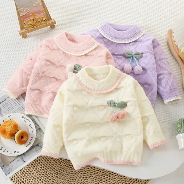 【18M-6Y】Girls Cherry Applique Round Neck Long Sleeve Sweater - Popopieshop.com 