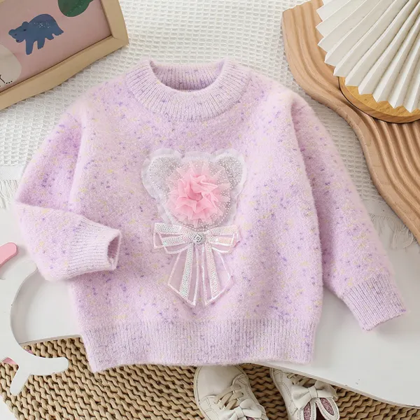【18M-6Y】Girls Bear Applique Round Neck Long Sleeve Sweater - Popopieshop.com 