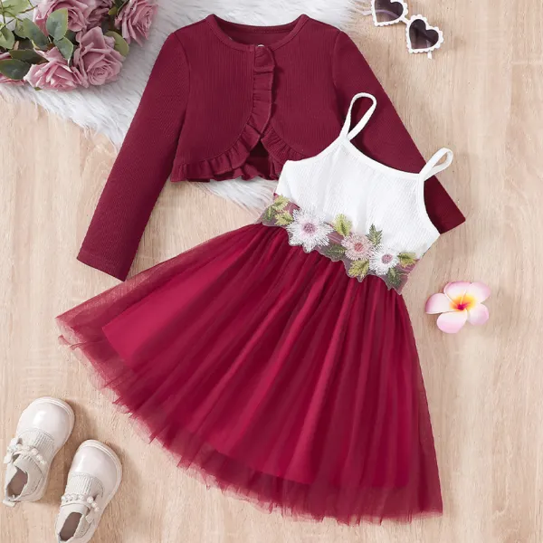 【2Y-7Y】2-piece Girls Floral Applique Sling Mesh Dress And Long Sleeve Cardigan Set - Popopieshop.com 