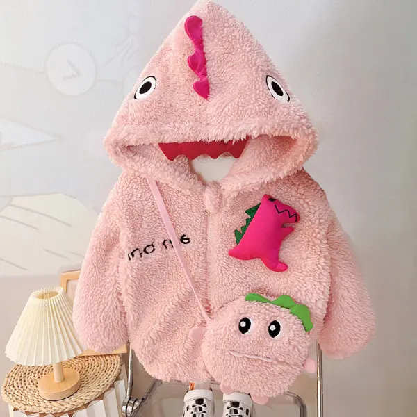 【12M-5Y】2-piece Girls Cute Imitation Cashmere Keep Warm Cartoon Dinosaur Embroidered Hooded Coat With Crossbody Bag - Popopieshop.com 