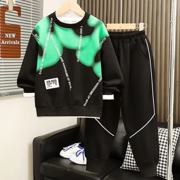 【3Y-15Y】2-piece Boys Casual Cotton Letters Print Round Neck Sweatshirt And Pants Set - Popopieshop.com 
