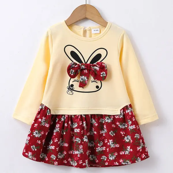 【18M-6Y】Girls Sweet Rabbit Print Splicing Floral Long-sleeved Dress - Popopieshop.com 